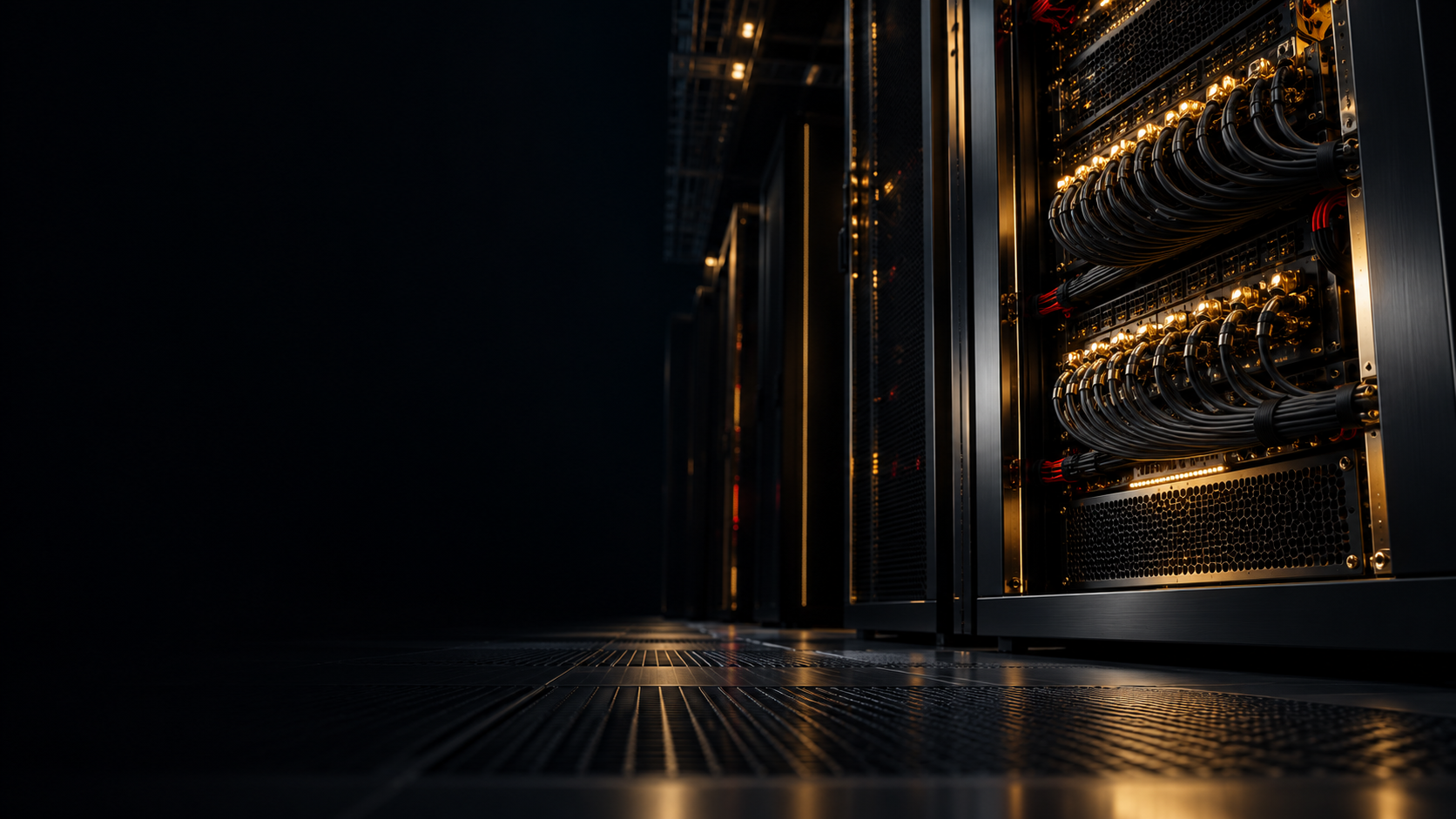 Conceptual telecommunications equipment and fibre infrastructure in a dark technical environment